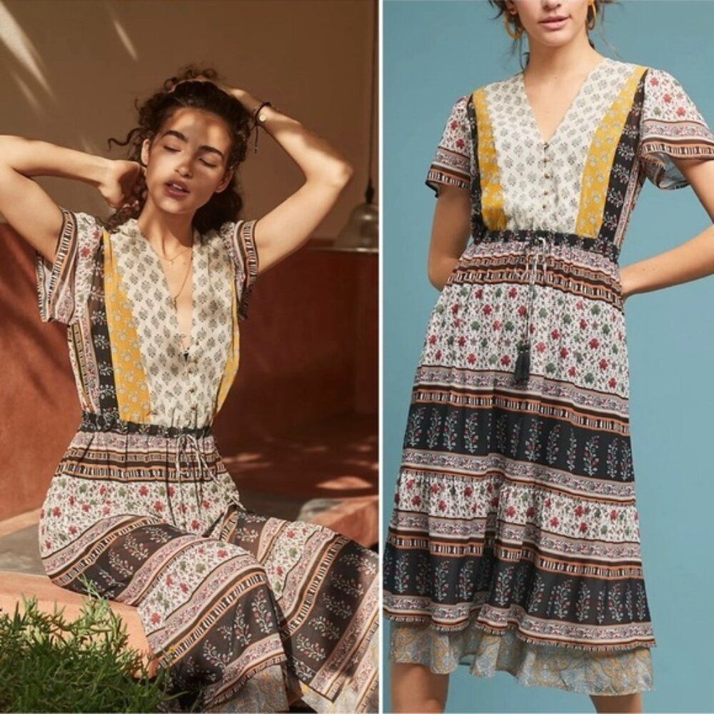 ANTHROPOLOGIE One September Provencal Midi Peasant Boho Dress Embroidered XS S